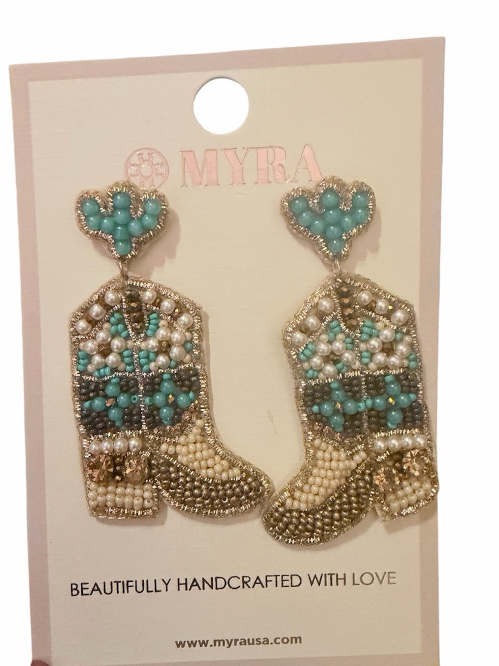 Myra Turquoise Pearl Beaded‎ Cowboy Boot Earrings
